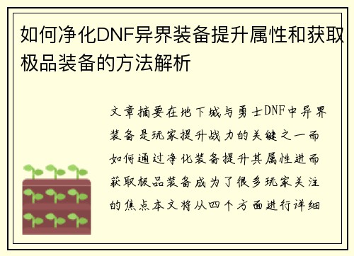 如何净化DNF异界装备提升属性和获取极品装备的方法解析