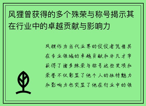 风狸曾获得的多个殊荣与称号揭示其在行业中的卓越贡献与影响力
